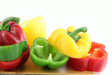Zoom the Three color of bell pepper in the Bamboo dish.