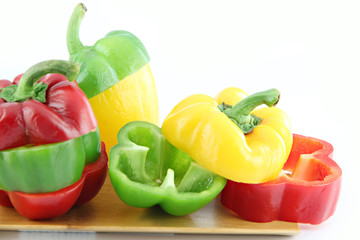 Zoom the Three color of bell pepper in the Bamboo dish.