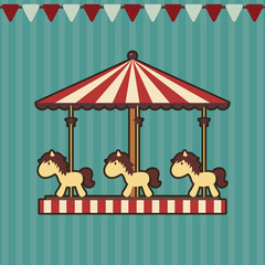 Carousel with ponies on striped background with flags