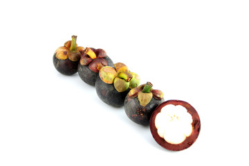 The Slice Mangosteen and arrangement of row  on white Background