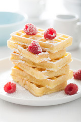 waffle with raspberry and icing sugar