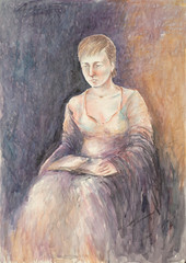 sulu boya tablo oturan kadın