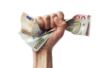 Euro bills in male fist