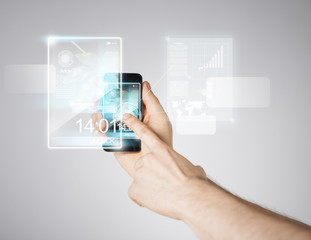 man hand with smartphone and virtual screen