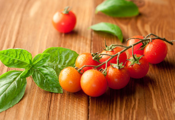 Fresh, ripe cherry tomatoes on an old chopping board. Basil leav