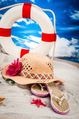 Summer beach stuff with blue sky background