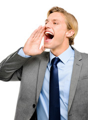 Happy businessman shouting isolated on white background