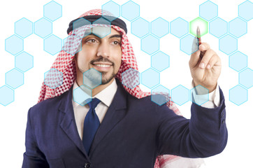 Arab man pressing virtual buttons