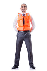 Man in life jacket isolated on white