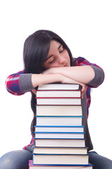 Girl student with books on white