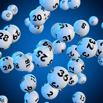 Lottokugeln rollen auf blauem Hintergrund