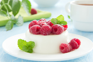 Vanilla panna cotta with raspberries. - obrazy, fototapety, plakaty