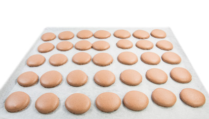 Baking French Macaron chocolate flavored cookies