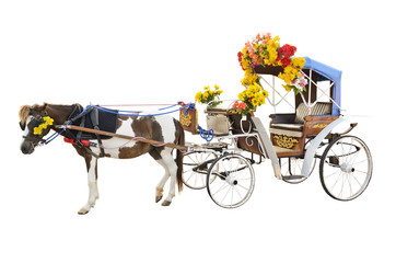 Horse drawn a chariot decorate with beautiful flower, Carriage Ride vintage style, vehicle for journey to see the city, Asia travel at Lampang in Thailand on isolated white background