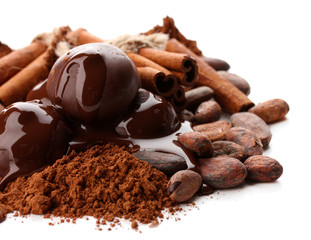 Composition of chocolate sweets, cocoa and spices, isolated