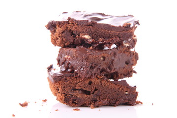 Slices of a brownie with white chocolate chunks