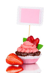 Beautiful strawberry cupcake with postcard isolated on white