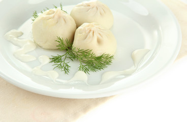 Tasty khinkali on plate, isolated on white