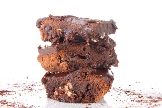 Slices of a brownie with white chocolate chunks