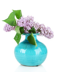 Beautiful lilac flowers in vase, isolated on white