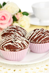Sweet chocolate cupcakes close up