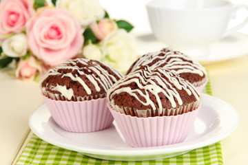 Sweet chocolate cupcakes close up