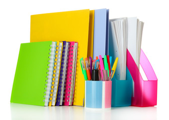 Bright office folders and different stationery isolated on