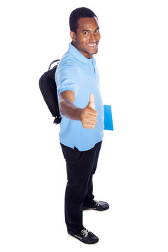 African American student thumbs up - isolated over a white backg