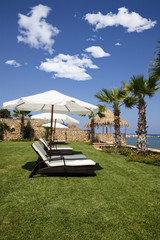 sun beds and umbrella