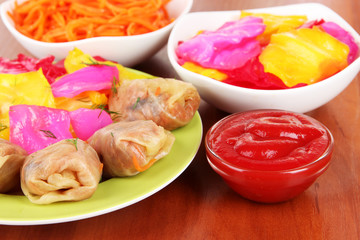 Stuffed cabbage rolls on table close-up