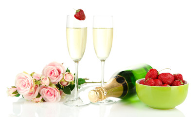 Romantic still life with champagne, strawberry and pink roses,