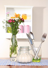 Kitchen composition on table on shelf background