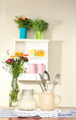 Kitchen composition on table on shelf background