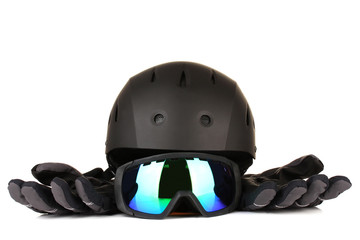 Winter sport glasses, helmet and gloves, isolated on white