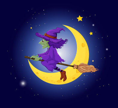 A witch with a violet hat riding on a broom