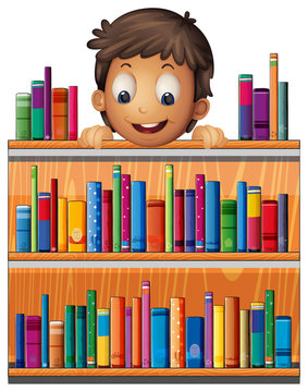A boy at the back of a wooden shelves with books