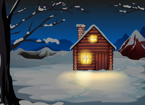 A lighted log house at the snowy land