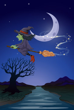 A witch travelling with her broomstick in the middle of the nigh