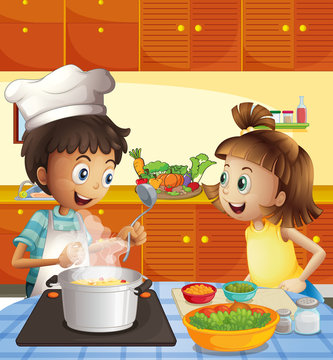 Kids cooking at the kitchen