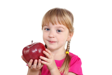 little girl blond with red apple