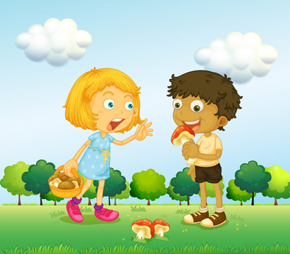 A girl and a boy picking up mushrooms