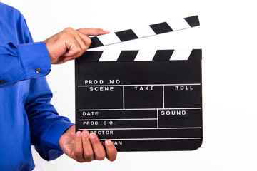 Fototapeta premium Businessman Holding Blank Clapper