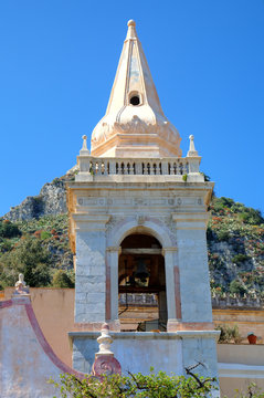 Tower of Church of San Giuseppe in Toarmina. Sicily, Italy