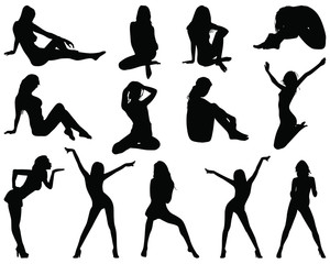 Silhouettes of beautiful girls in various poses, vector