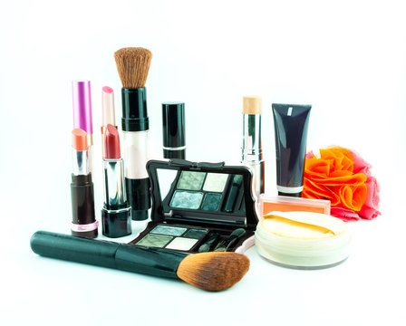 makeup brush and cosmetics set, on a white background isolated
