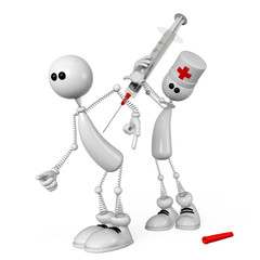 The 3D white person with a medical syringe.