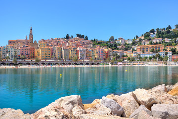 Small town of Menton on Mediterranean sea in France.