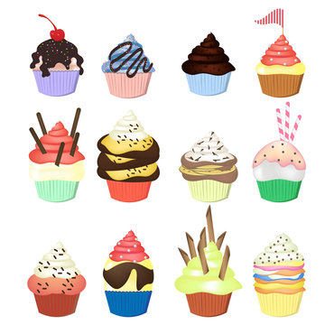 illustration of isolated set of cupcakes  on white background