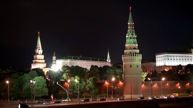 View of the Kremlin embankment at night in Moscow