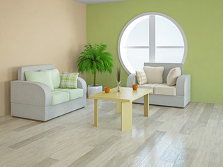 Armchairs with green and orange pillows